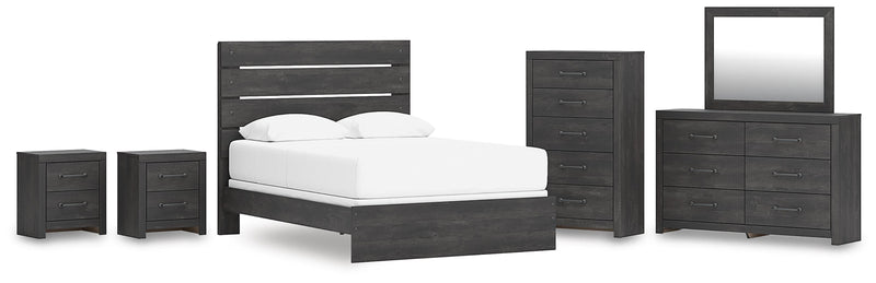 Hollivern Queen Panel Bed, Dresser, Mirror, Chest and 2 Nightstands in Dark Gray - PKG021608