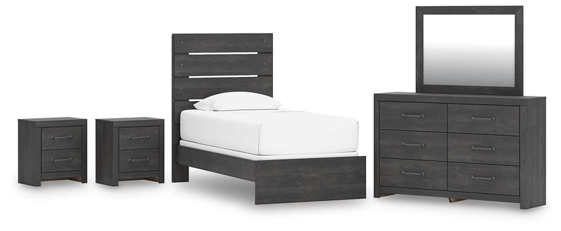 Hollivern Twin Panel Bed, Dresser, Mirror and 2 Nightstands in Dark Gray - PKG021588