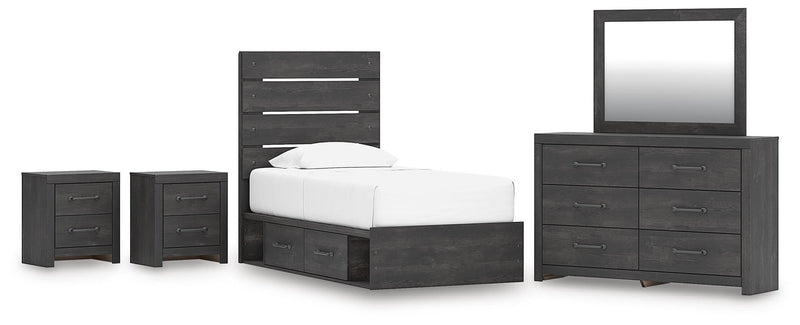 Hollivern Twin Panel Bed with Storage, Dresser, Mirror and 2 Nightstands in Dark Gray - PKG021639