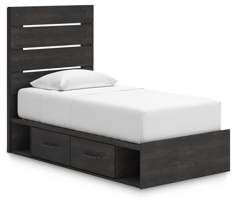 Hollivern Twin Panel Bed with Storage, Dresser, Mirror and Nightstand in Dark Gray - PKG021641