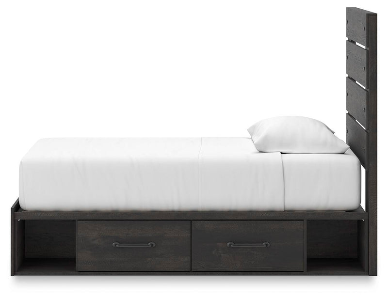 Hollivern Twin Panel Bed with Storage, Dresser, Mirror and Nightstand in Dark Gray - PKG021641