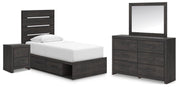 Hollivern Twin Panel Bed with Storage, Dresser, Mirror and Nightstand in Dark Gray - PKG021641