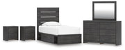 Hollivern Twin Panel Storage Bed, Dresser, Mirror and 2 Nightstands in Dark Gray - PKG021623
