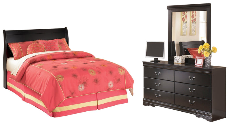 Huey Vineyard Full Sleigh Headboard Bed with Mirrored Dresser in Black from Ashley - DMV Furniture
