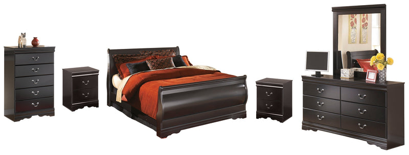Huey Vineyard Queen Sleigh Bed with Mirrored Dresser, Chest and 2 Nightstands in Black from Ashley - DMV Furniture