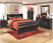 Huey Vineyard Queen Sleigh Bed with Mirrored Dresser, Chest and Nightstand in Black from Ashley - DMV Furniture