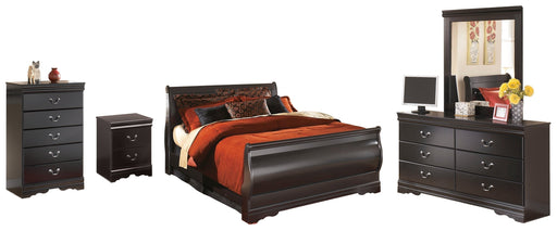 Huey Vineyard Queen Sleigh Bed with Mirrored Dresser, Chest and Nightstand in Black from Ashley - DMV Furniture