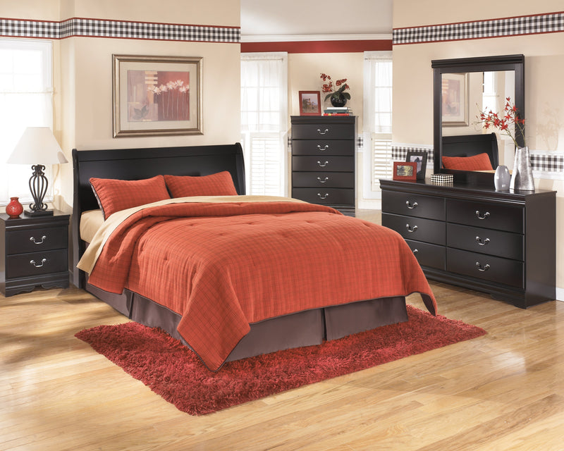Huey Vineyard Queen Sleigh Headboard Bed with Mirrored Dresser, Chest and Nightstand in Black from Ashley - DMV Furniture