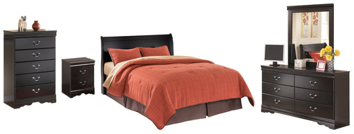 Huey Vineyard Queen Sleigh Headboard Bed with Mirrored Dresser, Chest and Nightstand in Black from Ashley - DMV Furniture