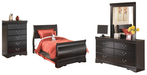 Huey Vineyard Twin Sleigh Bed with Mirrored Dresser and Chest in Black from Ashley - DMV Furniture