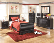 Huey Vineyard Twin Sleigh Bed with Mirrored Dresser, Chest and 2 Nightstands in Black from Ashley - DMV Furniture