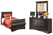 Huey Vineyard Twin Sleigh Bed with Mirrored Dresser in Black from Ashley - DMV Furniture