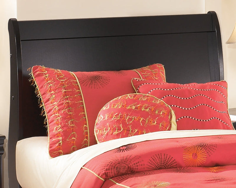 Huey Vineyard Twin Sleigh Headboard Bed with Mirrored Dresser, Chest and 2 Nightstands in Black from Ashley - DMV Furniture