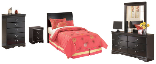 Huey Vineyard Twin Sleigh Headboard Bed with Mirrored Dresser, Chest and Nightstand in Black from Ashley - DMV Furniture