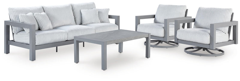 Hurley Park Gray Outdoor Sofa, 2 Lounge Chairs and Coffee Table - PCP695P2