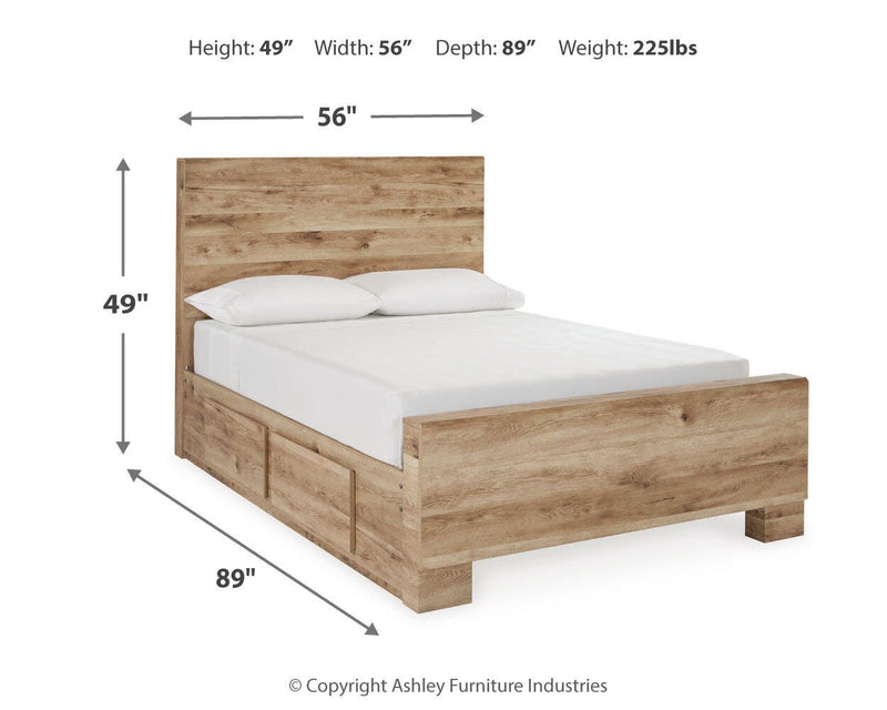 Hyanna Full Panel Bed with 1 Side Storage, Dresser, Mirror and 2 Nightstands in Tan Brown - PKG015362