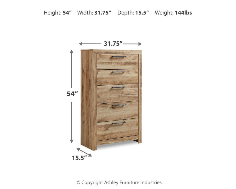 Hyanna Full Panel Bed with 1 Side Storage, Dresser, Mirror and Chest in Tan Brown - PKG015365