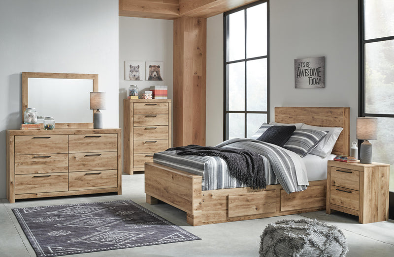 Hyanna Full Panel Bed with 1 Side Storage, Dresser, Mirror, Chest and 2 Nightstands in Tan Brown - PKG015363