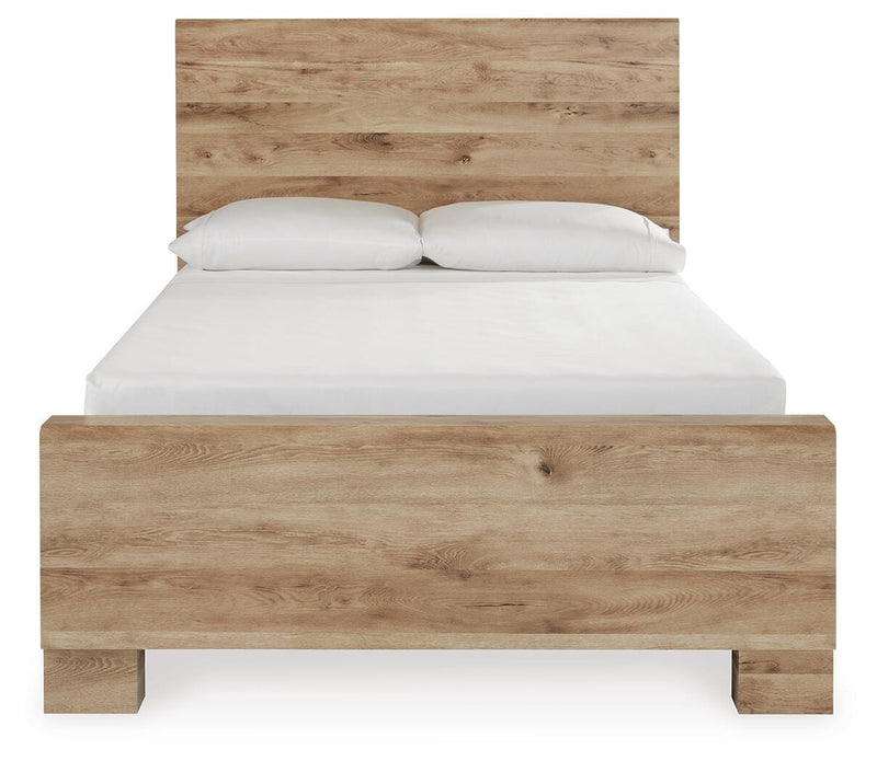 Hyanna Full Panel Bed with 1 Side Storage, Dresser, Mirror, Chest and 2 Nightstands in Tan Brown - PKG015363