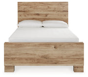 Hyanna Full Panel Bed with Storage with Mirrored Dresser and Chest in Tan Brown - PKG015377