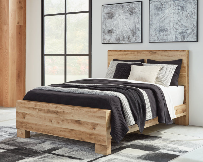Hyanna King Panel Bed with Mirrored Dresser and 2 Nightstands in Tan Brown - PKG015320
