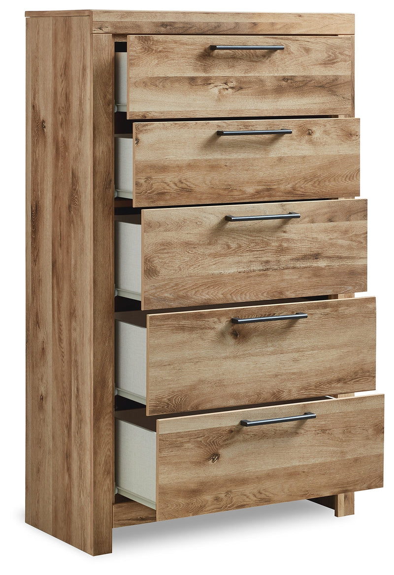 Hyanna King Panel Headboard with Mirrored Dresser and Chest in Tan Brown - PKG015293