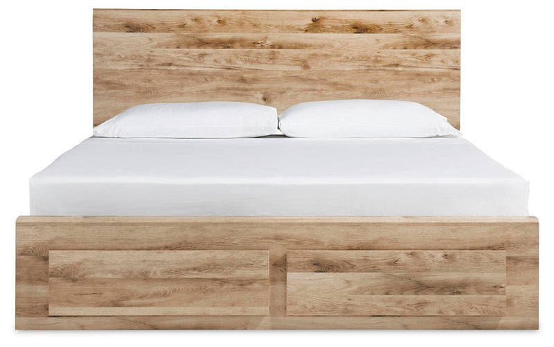 Hyanna King Panel Storage Bed with 1 Under Bed Storage Drawer, Dresser, Mirror and Nightstand in Tan Brown - PKG015334