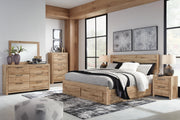 Hyanna King Panel Storage Bed with 2 Under Bed Storage Drawers, Dresser, Mirror, Chest and Nightstand in Tan Brown - PKG015342
