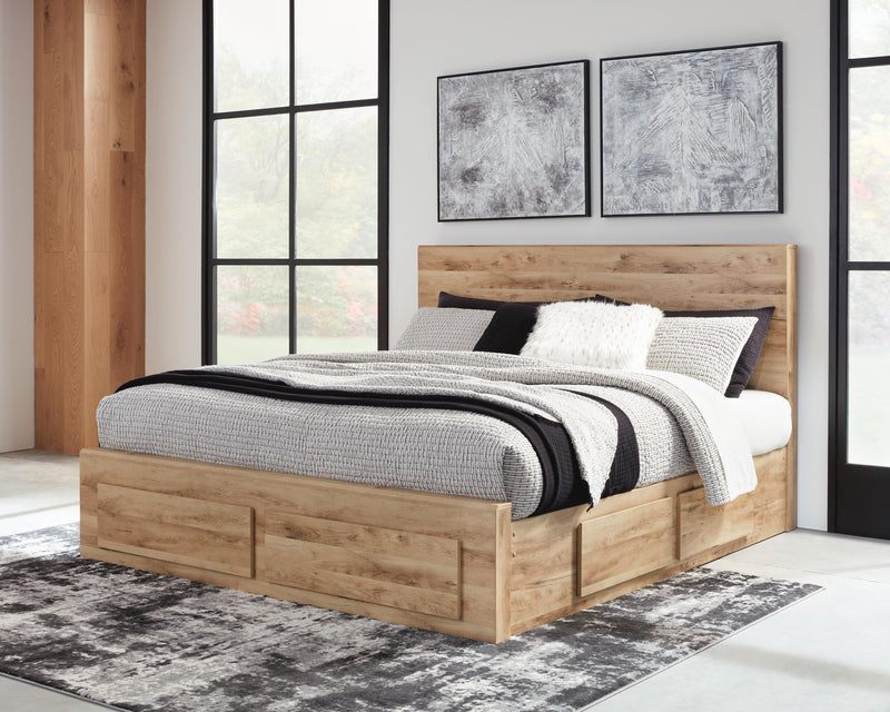 Hyanna King Panel Storage Bed with 2 Under Bed Storage Drawers, Dresser, Mirror, Chest and Nightstand in Tan Brown - PKG015342