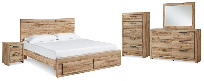 Hyanna King Panel Storage Bed with Mirrored Dresser, Chest and Nightstand in Tan Brown - PKG015330
