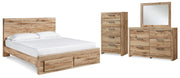 Hyanna Queen Panel Storage Bed with Mirrored Dresser and Chest in Tan Brown - PKG015305