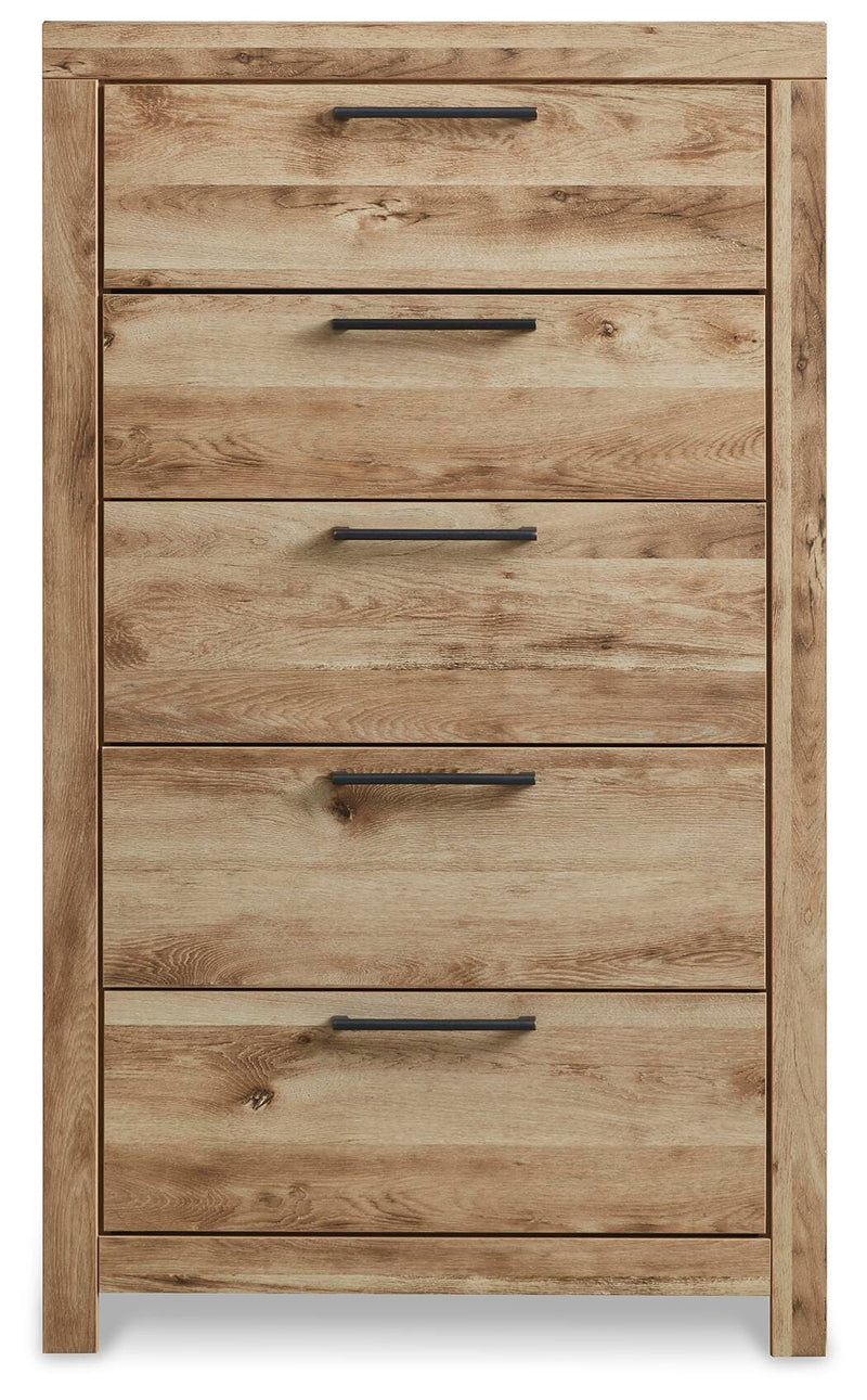 Hyanna Queen Panel Storage Bed with Mirrored Dresser and Chest in Tan Brown - PKG015305