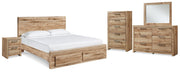 Hyanna Queen Panel Storage Bed with Mirrored Dresser, Chest and Nightstand in Tan Brown - PKG015306