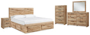 Hyanna Queen Panel Storage Bed with Mirrored Dresser, Chest and Nightstand in Tan Brown - PKG015312