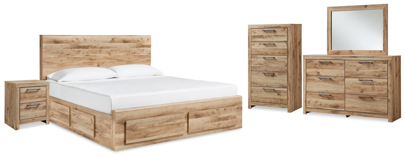 Hyanna Queen Panel Storage Bed with Mirrored Dresser, Chest and Nightstand in Tan Brown - PKG015312