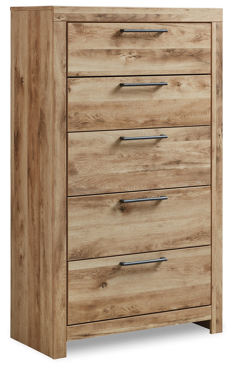 Hyanna Queen Panel Storage Bed with Mirrored Dresser, Chest and Nightstand in Tan Brown - PKG015312