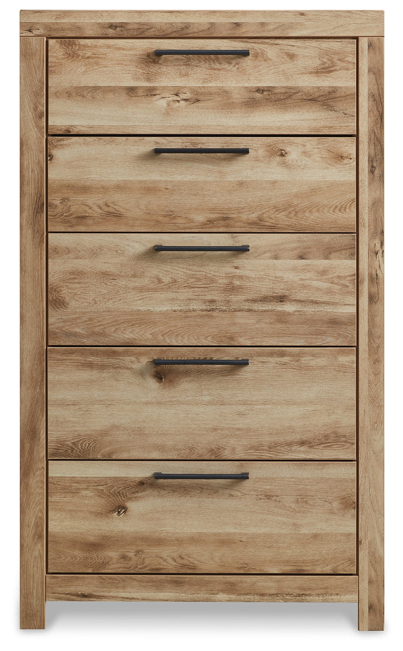 Hyanna Queen Panel Storage Bed with Mirrored Dresser, Chest and Nightstand in Tan Brown - PKG015318