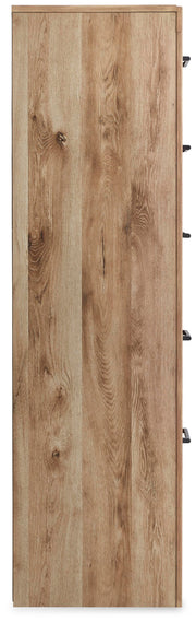Hyanna Twin Panel Bed with 1 Side Storage, Dresser, Mirror and Chest in Tan Brown - PKG015359