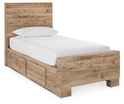 Hyanna Twin Panel Bed with 1 Side Storage, Dresser, Mirror and Chest in Tan Brown - PKG015359