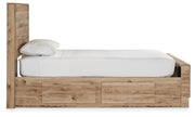 Hyanna Twin Panel Bed with 1 Side Storage, Dresser, Mirror and Chest in Tan Brown - PKG015359