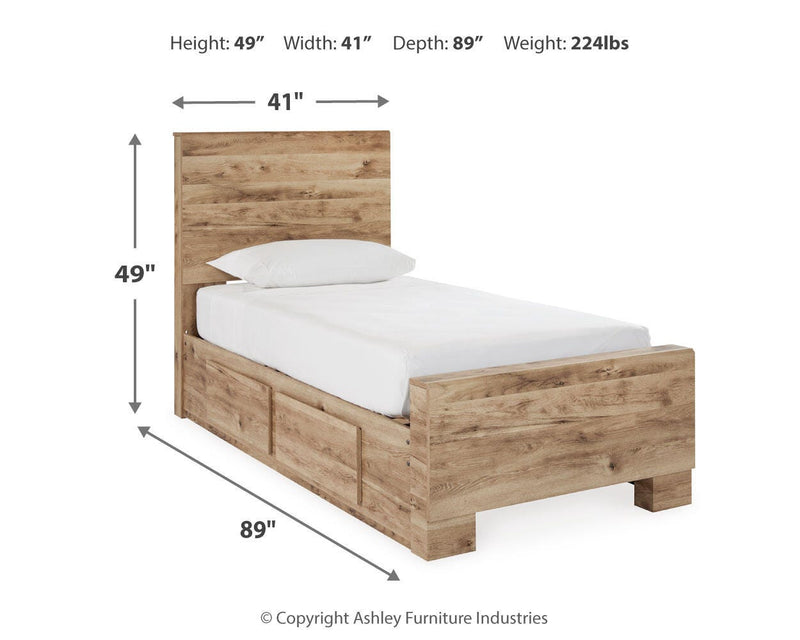 Hyanna Twin Panel Bed with 2 Side Storage, Dresser, Mirror, Chest and Nightstand in Tan Brown - PKG015372