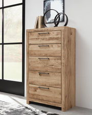 Hyanna Twin Panel Bed with 2 Side Storage, Dresser, Mirror, Chest and Nightstand in Tan Brown - PKG015372