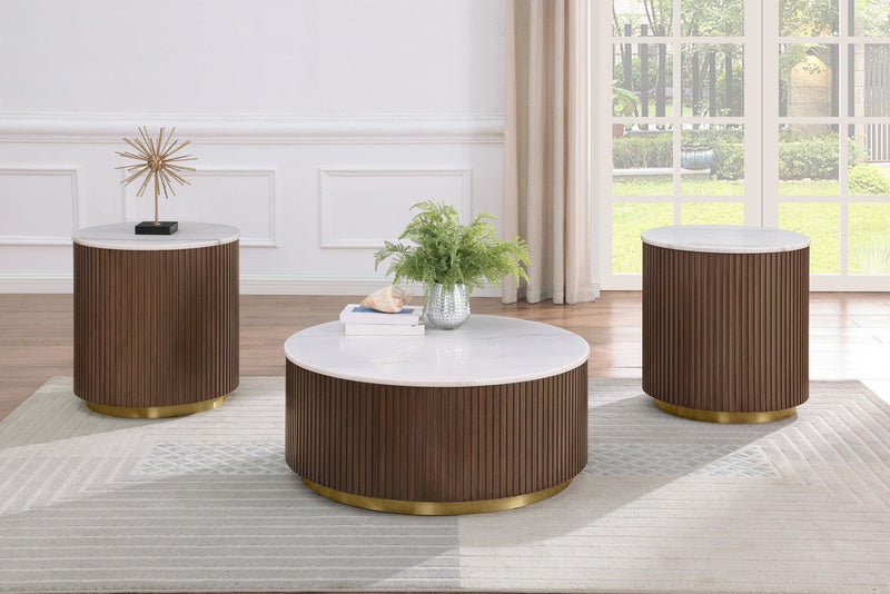 Jason 3-piece Round White Marble Coffee Table Set Honey Brown - 712418-S3