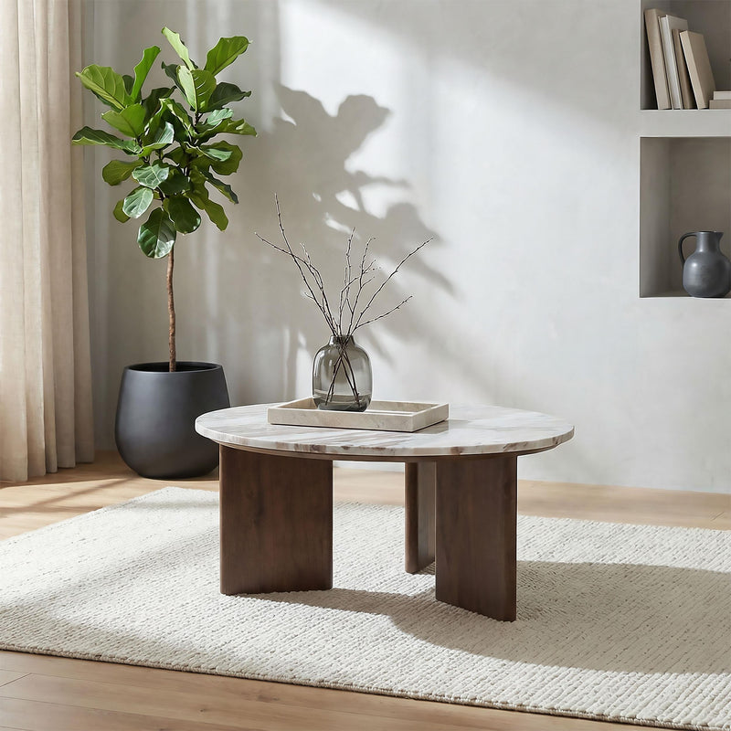 Jenna 35-inch Round Marble Top Cocktail Coffee Table Brown - 706168