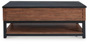 Kallari Warm Brown/Black Lift-Top Coffee Table - T737-9