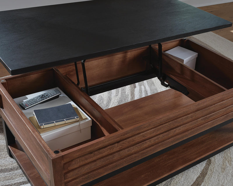 Kallari Warm Brown/Black Lift-Top Coffee Table - T737-9