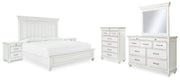 Kanwyn King Panel Bed with Mirrored Dresser, Chest and 2 Nightstands in Whitewash - PKG007947
