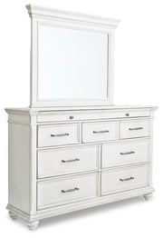 Kanwyn Whitewash Cal King Upholstered Panel Bed, Dresser, Mirror and Chest - B777B23