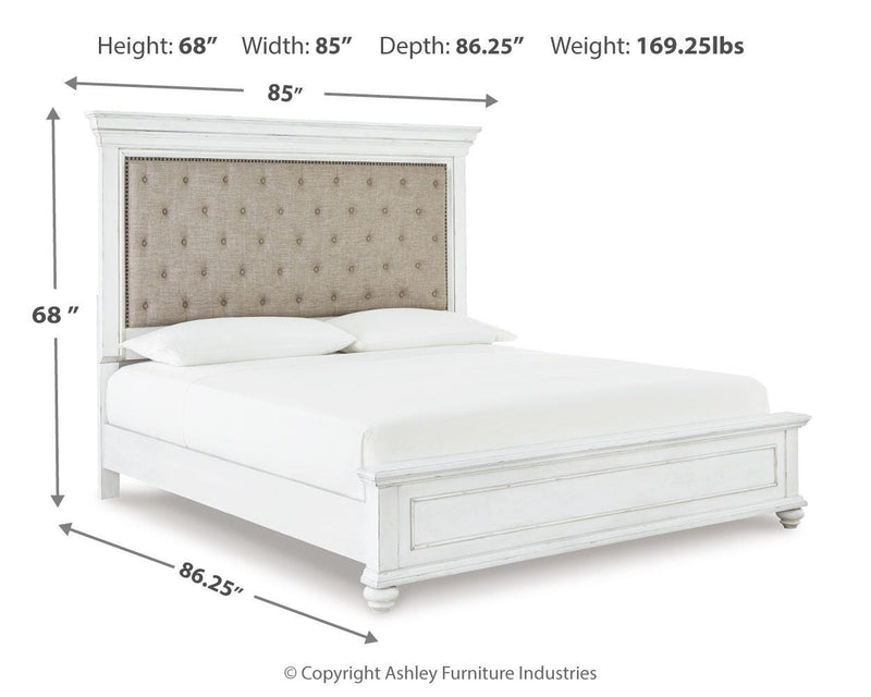 Kanwyn Whitewash Cal King Upholstered Panel Bed, Dresser, Mirror and Chest - B777B23