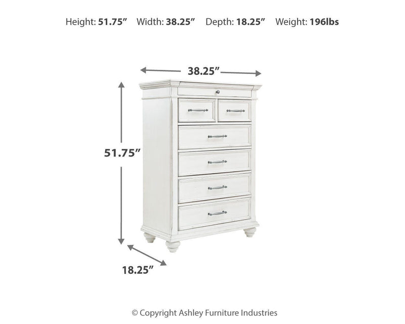 Kanwyn Whitewash Cal King Upholstered Panel Bed, Dresser, Mirror and Chest - B777B23